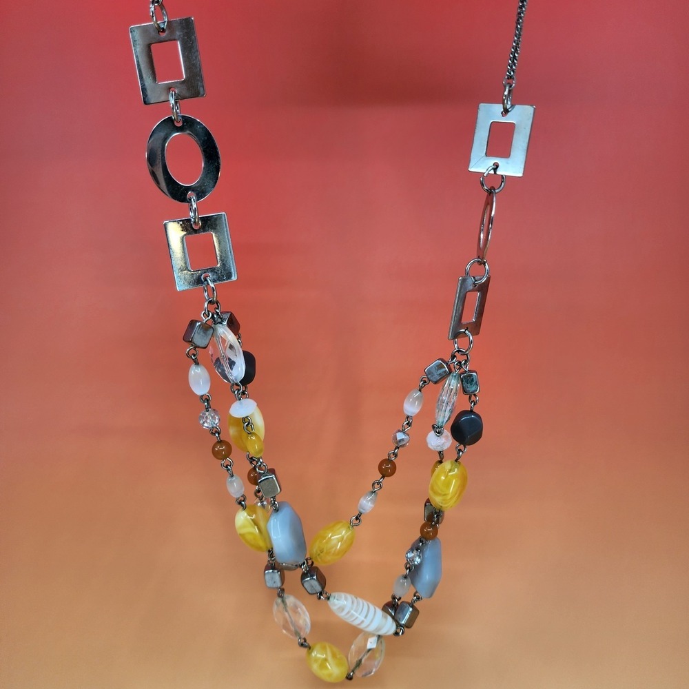 Lia Sophia Silver Tone Yellow Gray Multicolor Beaded Statement Necklace Boho